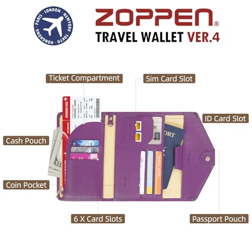ZOPPEN Mulit-purpose Rfid Blocking Passport Holder Travel Wallet (Ver.4) Passport and Vaccine Card Holder ComboTri-fold Document Organizer Travel Essentials - color: #20 Aubergine Purple
