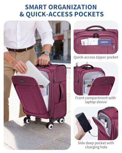 ECOHUB Carry On Luggage Airline Approved, 21 Inch Height Softside Carry On Suitcase with Spring Shock-Absorbing Spinner Wheels, Lightweight Travel Luggage with TSA Lock, Fits 22x14x9 Carry-On Bag - color: Red