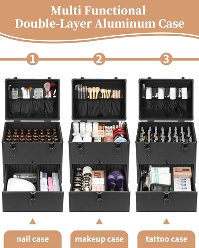 Professional Nail Polish Organizer & Storage Case, Double Layer Travel Nail Supplies Container Holds 96 Bottles & Full Size Nail Lamp, Multi-functional Aluminum Box for Nail Tech, Tattoo & Makeup
