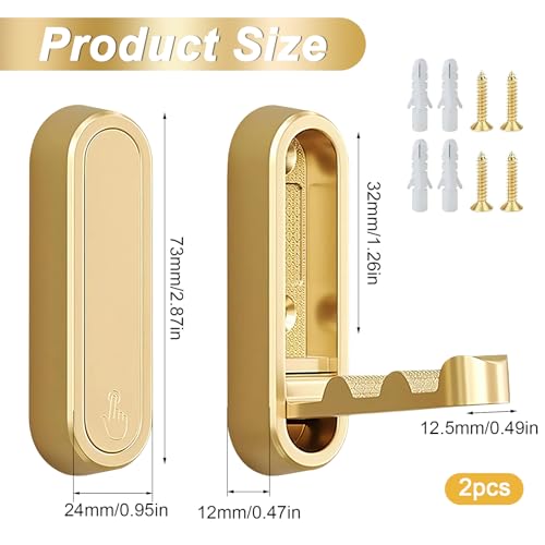 2Pcs Gold Folding Wall Hooks Heavy Duty Foldable Coat Hooks for Hanging Towels Clothes Bags Keys Bathroom Bedroom Closet Gold Hooks for Wall