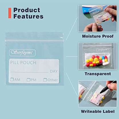 Serfeymi Pill Bags for Travel Pill Pouch Organizer Pack of 120 BPA Free 3 x 2.75 inch Reusable Pill Pouches for Medicine with Write on Label & Zipper Seal Waterproof AM PM Pill Baggies for Supplements - size: Pack of 120
