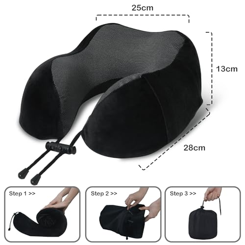 Travel Pillow, Memory Foam Neck Pillow for Traveling, U Shape Neck Pillow Airplane Portable Flight Pillow Travel Kit with 5D Contoured Eye Masks and Earplug for Plane Train Car Home Office - color: Black