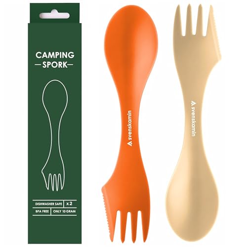 Reusable Camping Spork Set 2-Pack - 3-in-1 Travel Sporks, Lightweight Durable Utensils & Silverware for Outdoor Hiking - Orange & Sand - color: Orange/Sand