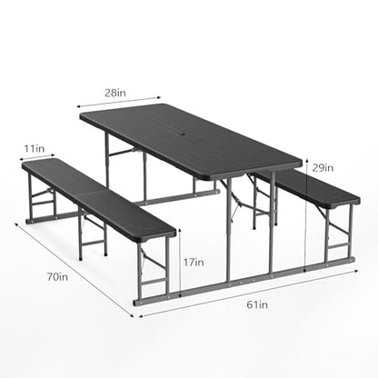 VINGLI Folding Picnic Table and Bench Set with Umbrella, Portable Outdoor Dining Furniture for Camping, Patio, Backyard, Wood Grain Plastic Top with Metal Frame with Dark Blue Umbrella - color: Black, style: With Umbrella