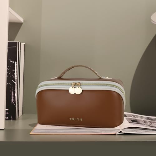 Prite Makeup Bag for Women Travel Waterproof Vegan Leather Cosmetic Bag Open Flat Toiletry Bag With Clear Divider and Handle (Dark Brown, Medium) - color: Dark Brown, size: Medium