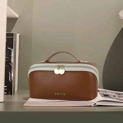 Prite Makeup Bag for Women Travel Waterproof Vegan Leather Cosmetic Bag Open Flat Toiletry Bag With Clear Divider and Handle (Dark Brown, Medium) - color: Dark Brown, size: Medium
