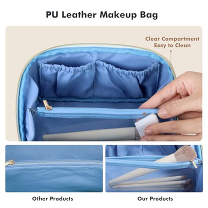 Prite Makeup Bag for Women Travel Waterproof Vegan Leather Cosmetic Bag Open Flat Toiletry Bag With Clear Divider and Handle (Blue, Medium) - color: Blue, size: Medium