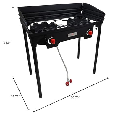 Gas One Propane Double Burner Two Burner Camp Stove with Windscreen Outdoor High Pressure Propane 2 Burner Adjustable PSI Regulator and 4ft Steel Braided Hose With Removable Legs - size: 2 Burner with Windguard