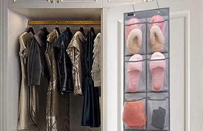2 Pack Minimalist Black Over The Door Hanging Closet Shoe Holder Organizer with 6 Pockets (Mesh Pockets)