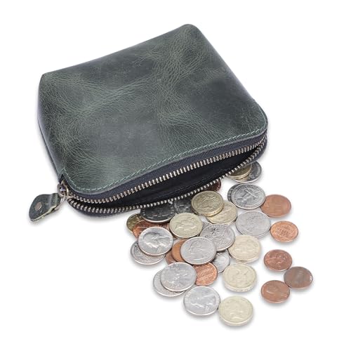 Full Grain Leather Cosmetic Bag – Zippered Makeup Pouch for Women, Small Travel Toiletry & Organizer Pouch for Purse, Premium Handmade Leather (5 × 4 × 2.5 in) - color: Green
