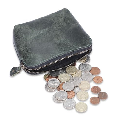 Full Grain Leather Cosmetic Bag – Zippered Makeup Pouch for Women, Small Travel Toiletry & Organizer Pouch for Purse, Premium Handmade Leather (5 × 4 × 2.5 in) - color: Green