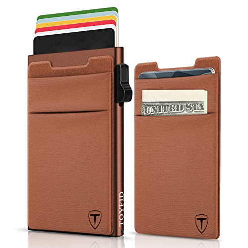TOYFID Pop Up Credit Card Wallet for Men - Metal Slim Minimalist Cards Holder with Money Pocket - RFID Blocking Ultralight Small Aluminum Wallet - color: Brown A