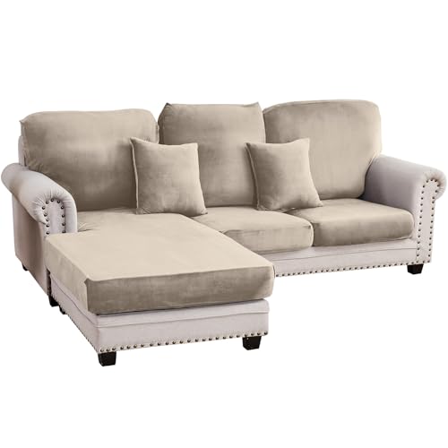 Couch Cover 3-Piece Elastic Velvet Couch Cushion Covers & Chaise Slipcovers for L-Shaped Sofas - Sofa Seat Covers Washable, Soft Protector for Couches (2 Seater + Chaise, Taupe) - color: Taupe, size: 2 Seater + Chaise