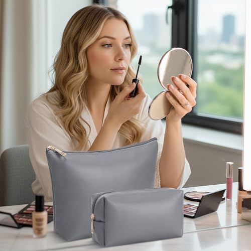 Kigeli 2 Pcs PU Leather Makeup Bag Set for Women Waterproof Aesthetic Cosmetic Bag Large & Small Travel Toiletry Organizer Pouch Skincare Organizer Bridesmaid Mother's Day Birthday Gift(Gray) - color: Gray