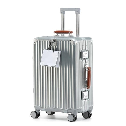 24 Inch Hardside Checked Luggage with Leather Handle, PC Zipperless Suitcase with Spinner Wheels and TSA Locks, Lightweight Checked Luggage for Travel, Silver - color: Silver (Brown Leather), size: Checked in 24inch