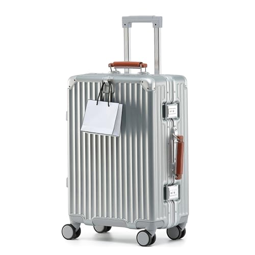 24 Inch Hardside Checked Luggage with Leather Handle, PC Zipperless Suitcase with Spinner Wheels and TSA Locks, Lightweight Checked Luggage for Travel, Silver - color: Silver (Brown Leather), size: Checked in 24inch