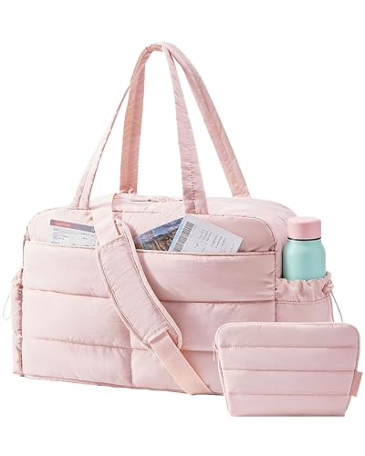 BAGSMART Gym Bag for Women, Lightweight Puffer Duffle Bag 2-PC Travel Bag, 31L Weekender Overnight Bag Quilted Carry On Tote Bag, Diaper Hospital Dance Bag for Travel, Gym, Water Resistant, Pink - color: Baby Pink