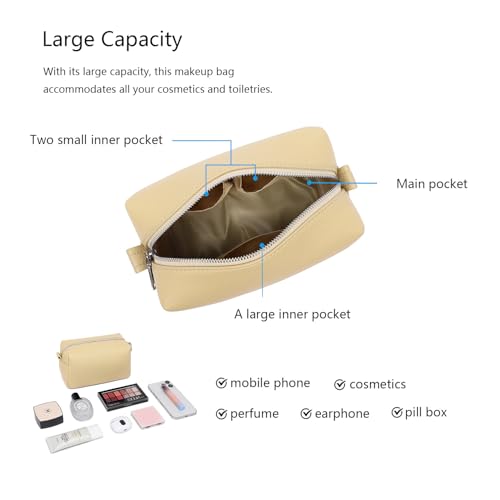 PU leather Organizer Bag Lightweight Cosmetic Bag with Ring Clasp Perfect Travel Makeup Bag for Women (Ground Lotus/PU) - color: Almond Yellow/PU