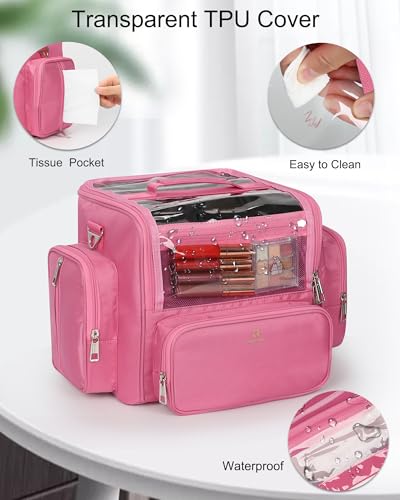 NAONAYA Pink Makeup Brush Bag, Clear Makeup Brush Holder with Lid, Extra Large Capacity Travel Cosmetic Bag Makeup Artist Must Haves,Make Up Organizers and Storage, with Adjustable Dividers - color: Pink