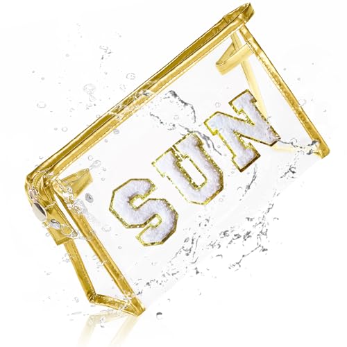 COSHAYSOO Sunscreen Bag Clear Makeup Toiletry Pouch Beach Vacation Essentials for Women Teen Girls Trip Gifts Summer Pool Travel Must Have Accessories Waterproof Stuff - color: Golden-SUN