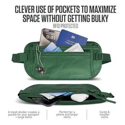 VENTURE 4TH Money Belt for Travel – Slim Hidden Under-Clothes RFID Blocking Anti-Theft Passport Holder & Travel Wallet Pouch for Men & Women to Protect Cash, Cards & Documents (Sleek Army Green) - color: Sleek Army Green
