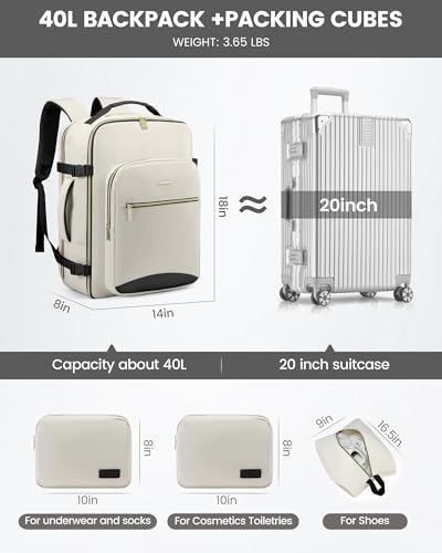 LOVEVOOK Travel Backpack for Women & Men 40L,Airline Approved Carry On Backpack Travel Essentials,TSA Carry on Luggage,Waterproof Personal Item Travel Bag,Suitcase with 3 Packing Cubes,Beige-Black - color: Beige-black, size: Large-40L-4Pcs