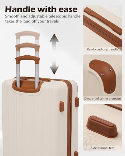 Coolife Luggage Sets, 5 Piece Durable Suitcase, Lightweight Carry on Luggage with ABS Hardshell, Dual Spinner Wheels, TSA Lock and YKK Zipper(apricot white, 5 piece set) - color: apricot white, size: 5 piece set