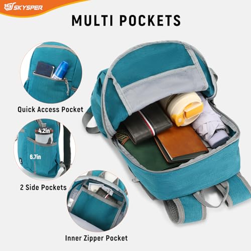 SKYSPER Anti Theft Hiking Backpack, 18L RFID Packable Travel Daypack, Lightweight Foldable Back Pack for Walking Daytrip - color: Cyan