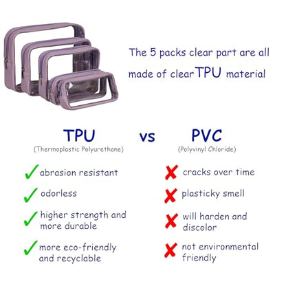 Remobia Hicol TSA Approved 5-Piece Diaper Bag Organizer Pouch Set Clear Waterproof TPU Kids Toiletry Storage Set Travel Packing Clutch Cube Bags for Baby Nursing (Purple) - color: Purple Leather