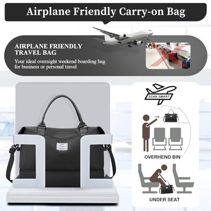 Travel Duffel Bag with Shoes Compartment, Overnight Weekender Bags for Women,Carry on Personal Item Bag,Medium Size - color: A-Black, size: Medium
