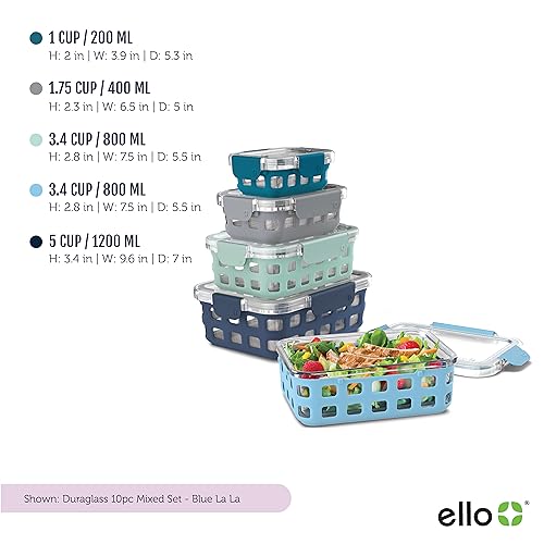 Ello Duraglass Mixed Meal Prep Sets Leak-Proof Glass Food Storage Containers with Silicone Sleeves and Airtight BPA-Free Lids, Dishwasher, Microwave, and Freezer Safe