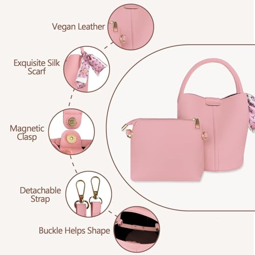 Vegan Leather Bucket Bag for Women Crossbody Bucket Purse with Removable Fashion Bucket Handbag - color: Pink