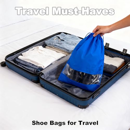 20 Pack Shoe Bags for Travel, 17" x 12.6" Drawstring Shoe Organizers with Clear Window, Breathable Non-Woven Dustproof Pouches for Luggage & Closet (Blue) - color: Blue