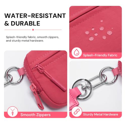 Small Nylon Wristlet Wallet for Women Minimalist Zip Keychain Coin Purse Card Case with Clear ID Window Water-Resistant Pouch - color: Raspberry