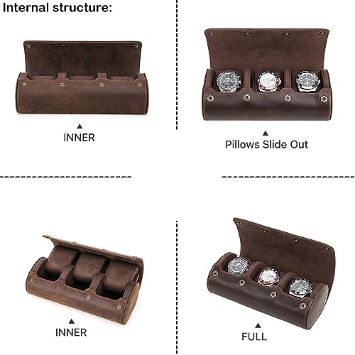 Personalized Custom Name Watch Case Roll Organizer, Luxury Genuine Leather Travel 3-Watches Case For Watch and Bracelet (05 Coffee) - color: 05 Coffee