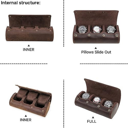 Personalized Custom Name Watch Case Roll Organizer, Luxury Genuine Leather Travel 3-Watches Case For Watch and Bracelet (05 Coffee) - color: 05 Coffee