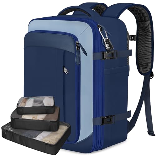 Vancropak 40L Carry On Travel Backpack, Flight Approved Expandable Weekender Bag with 3 Packing Cubes, Suitcase Backpack Fits 17" Laptop, Water Resistant Anti Theft Daypack Bag for Men Women, Blue - color: Blue