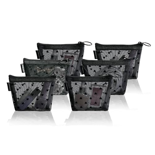 Mini Mesh Heart Makeup Bag Set, Mesh Cosmetic Bags with Zipper, Makeup Lipstick Cosmetic Accessories Organizer Bag, Mesh Pouch for Travel (Black-6pcs) - color: Black, size: 6PCS