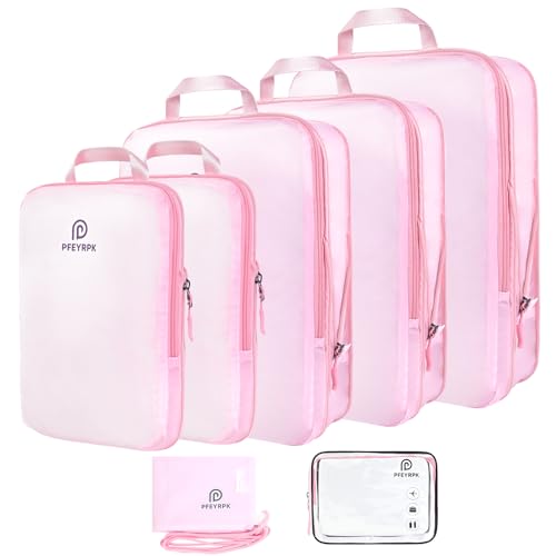 PFEYRPK Lightweight Compression Packing Cubes for Suitcases, Compressible Expandable Travel Packing Organizer with Clear Toiletries and Backpack Bag, Travel Essentials for Carry on Luggage 7 Set - color: Pink, size: 7 Set