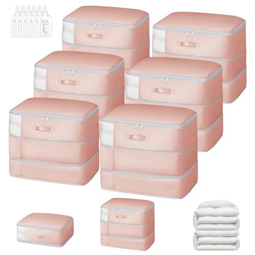 DIMJ Comforter Storage Bag - 110L Ultra Space Saving Self Compression Organize 6 Pack for Duvet, Pillow, Bedding, Blanket Storage Organizer Nylon Compression Bags - color: Pink, size: 110L x 6 Pack