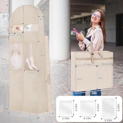 Wedding Dress Garment Bag,72" Tri-Fold Bridal Gown Bag with 12 Pouches and Adjustable Buckle Gown Cover for Wedding/Prom/Travel/Closet Storage (2pcs Beige) - color: 2pcs Beige