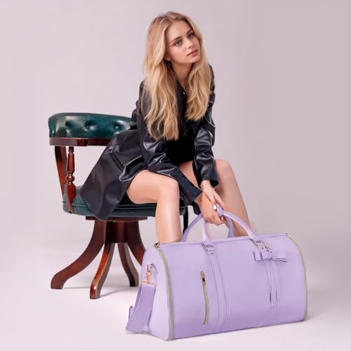 Garment Bags for Travel for Women, Stylish Garment Duffle Bag, Convertible & Foldable 2 in 1 PU Suit Bag For Hanging Clothes, Business Trip Bag With Toiletry Pocket & Shoes Compartment, Purple - color: Purple