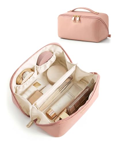 BAGSMART Makeup Bag Travel Cosmetic Bag, Large Make Up Bag Flat Open Toiletry Bag for Women, PU Leather Travel Essentials Organizer Case, Wide-open Pouch Purse for Skincare, Brushes, Nude Pink - color: 04- Nude Pink