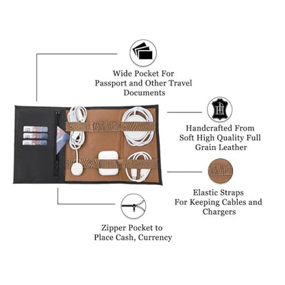 HARDISTON Custom Leather Tech Organizer Roll – Personalized Cord Pouch for Travel Tech Accessories, USB Cables, Charger, Passport, SD Cards – Handmade Gift for All
