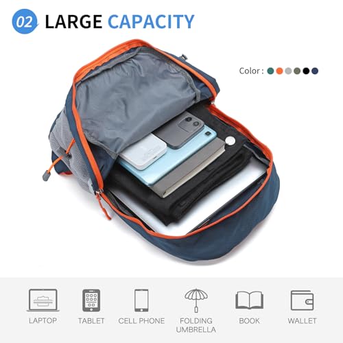 Hiking Daypack Packable, Camping Backpack Water Resistant Lightweight Polyester for Men Women Travel Outdoor - color: Dark Blue