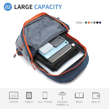 Hiking Daypack Packable, Camping Backpack Water Resistant Lightweight Polyester for Men Women Travel Outdoor - color: Dark Blue