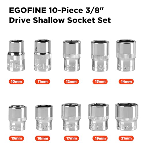 Egofine 10PCS 3/8” Drive Standard Socket Set,Shallow,Metric（10-21mm,6 Point Socket Set With Hanging Bracket,Cr-V Steel - size: 3/8, style: 10PC Standard Socket Set
