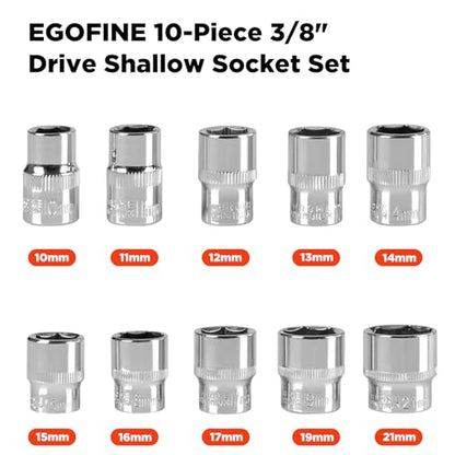Egofine 10PCS 3/8” Drive Standard Socket Set,Shallow,Metric（10-21mm,6 Point Socket Set With Hanging Bracket,Cr-V Steel - size: 3/8, style: 10PC Standard Socket Set