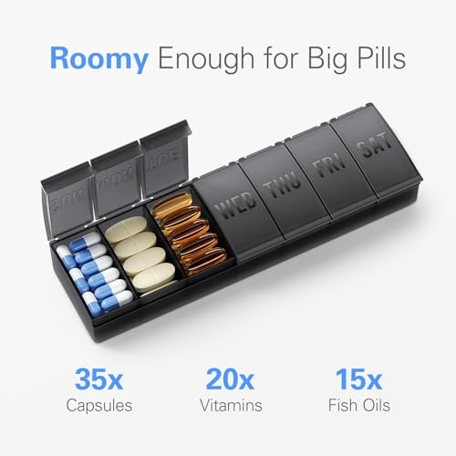 Barhon Pill Organizer Large, Weekly Medicine Pill Organizers, 7 Day Pills Box Case Travel for Big Vitamin Supplements Fish Oil, Gray - color: Grey