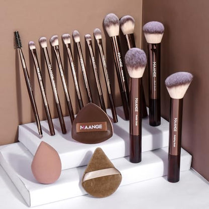 MAANGE 16PCS Makeup Brush Set Travel Makeup Brushes for Liquid Powder Contour Concealer Cream Cosmetics Blending Eyeshadow Eyeliner (Coffee) - color: Coffee